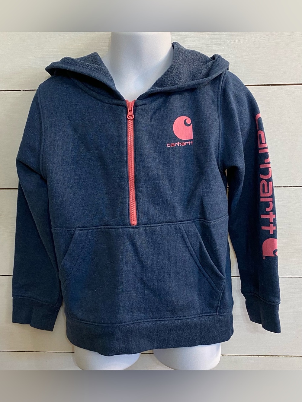 Carhartt Girls’ Sz 4T Dk Denim Heather/Pink 1/2 Zip Long Sleeve Logo Hoodie